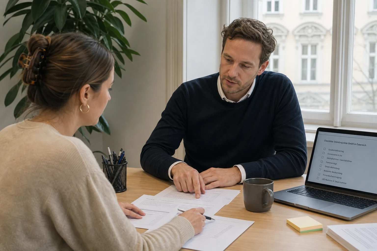 Erstgespräch zur GmbH-Gründung in Österreich: Unterlagen und Ablauf am Schreibtisch